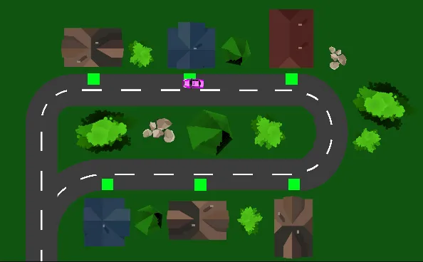Top-down view of the delivery car driving through town