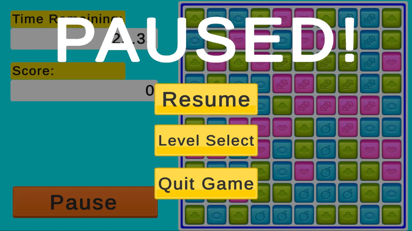 Pause menu over the game board